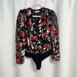 Fate Women’s Black Floral Velvet Burnout Body Suit Faux Wrap Large Whimsigoth